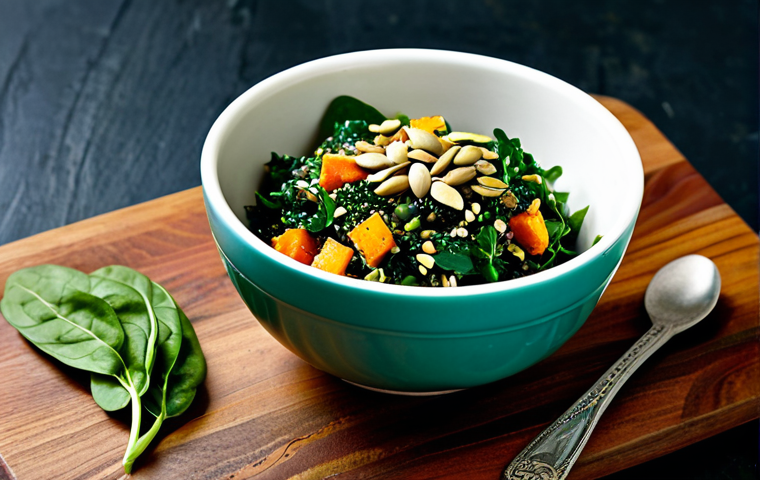 A beautifully composed still-life photograph featuring a vibrant, sleep-supportive side dish. The main subject is a small, artfully arranged ceramic bowl filled with a healthy quinoa salad, mixed with dark leafy greens like spinach and kale, topped with roasted pumpkin seeds and a sprinkle of chopped walnuts. Surrounding the bowl on a clean, light-colored wooden table are individual ingredients such as fresh spinach leaves, whole pumpkin seeds, a small cooked sweet potato, and a few edamame pods, emphasizing the natural, wholesome components. The lighting is soft and natural, creating a professional food photography aesthetic that highlights texture and color. safe for work, appropriate content, fully clothed, modest.
