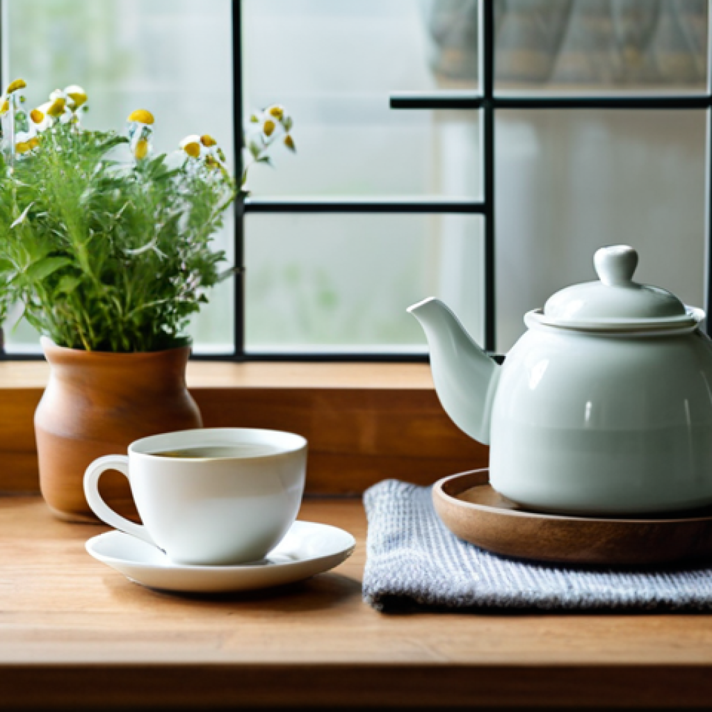 Herbal Tea Preparation**

"A calming scene of a woman in a cozy kitchen preparing herbal tea before bed, fully clothed in a modest sweater and comfortable pants, appropriate attire, safe for work. The kitchen is softly lit with warm light, featuring ingredients like chamomile flowers, lavender buds, and lemon balm leaves artfully arranged on a wooden countertop. Steam rises gently from a ceramic teapot. Perfect anatomy, correct proportions, natural pose, professional photography, high quality, family-friendly."

**
