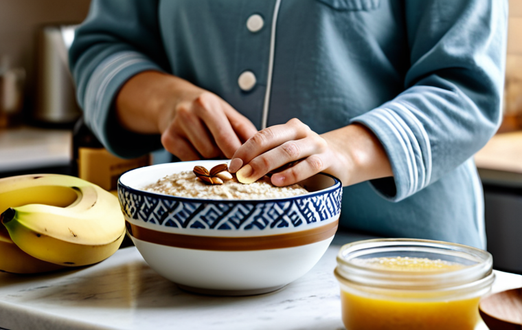 Bedtime Snack Scene**
A warmly lit kitchen scene. A person, fully clothed in pajamas, is preparing a small bowl of oatmeal with sliced banana, nuts, and a drizzle of honey. The setting is a clean and inviting kitchen with soft, diffused light. Focus on the comforting elements of the scene. safe for work, appropriate content, fully clothed, modest clothing, professional photography, perfect anatomy, correct proportions, natural pose, well-formed hands, proper finger count, family-friendly.
**