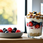 **

A brightly lit kitchen scene showcasing a Greek yogurt parfait with layers of creamy yogurt, fresh berries, and a sprinkle of nuts and seeds, presented in a clear glass. The background includes a bowl of whole oats and a carton of almond milk. Soft morning light streams through a nearby window. The overall mood is healthy and inviting. fully clothed, safe for work, appropriate content, family-friendly, perfect anatomy, correct proportions, natural pose, professional.

**