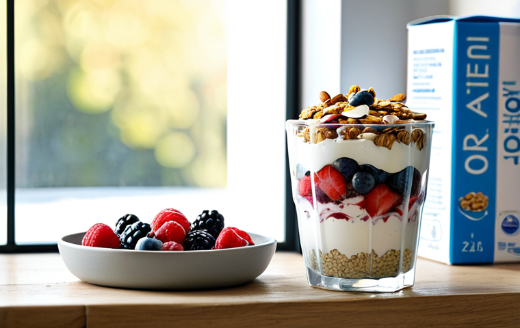 **

A brightly lit kitchen scene showcasing a Greek yogurt parfait with layers of creamy yogurt, fresh berries, and a sprinkle of nuts and seeds, presented in a clear glass. The background includes a bowl of whole oats and a carton of almond milk. Soft morning light streams through a nearby window. The overall mood is healthy and inviting. fully clothed, safe for work, appropriate content, family-friendly, perfect anatomy, correct proportions, natural pose, professional.

**