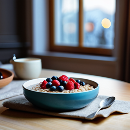 Cozy Evening Meal**

"A warmly lit dining table with a bowl of oatmeal topped with berries and cinnamon, next to a steaming mug of chamomile tea. Soft, inviting light, cozy home environment, fully clothed person blurred in the background. safe for work, appropriate content, professional food photography, perfect composition, natural colors, modest setting, family-friendly."

**