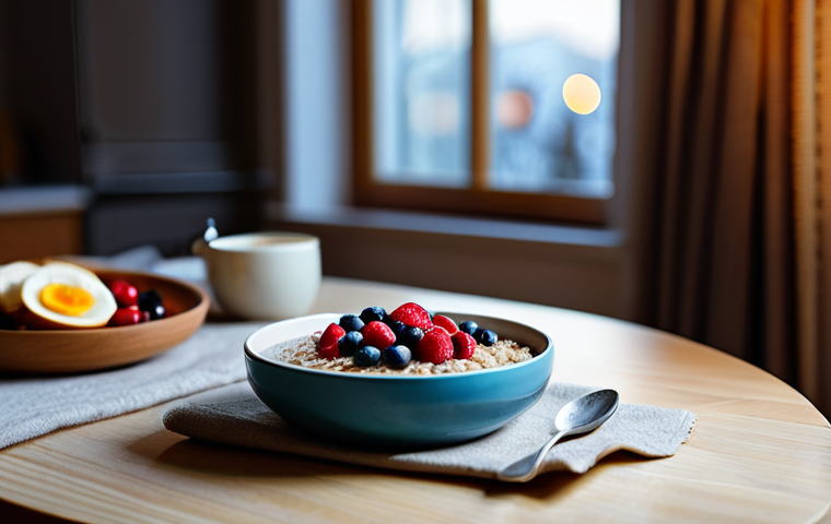 Cozy Evening Meal**

"A warmly lit dining table with a bowl of oatmeal topped with berries and cinnamon, next to a steaming mug of chamomile tea. Soft, inviting light, cozy home environment, fully clothed person blurred in the background. safe for work, appropriate content, professional food photography, perfect composition, natural colors, modest setting, family-friendly."

**