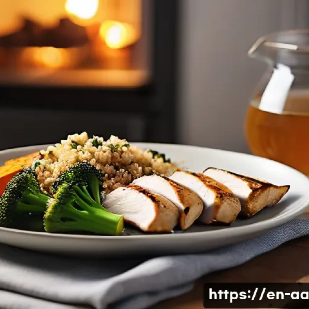 수면 리듬을 맞추는 식사 요령 - A cozy, softly lit kitchen scene in the early evening showing a balanced dinner plate with lean gril...