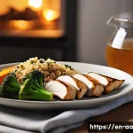 Home 22 수면 리듬을 맞추는 식사 요령 - A cozy, softly lit kitchen scene in the early evening showing a balanced dinner plate with lean gril...