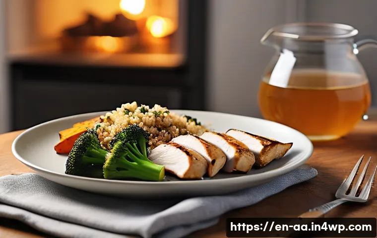 수면 리듬을 맞추는 식사 요령 - A cozy, softly lit kitchen scene in the early evening showing a balanced dinner plate with lean gril...