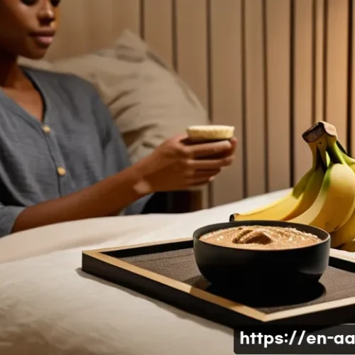 Home 33 수면 개선을 위한 영양소 섭취 시기 - A cozy, softly lit bedroom scene in the early evening featuring a person sitting comfortably on a be...
