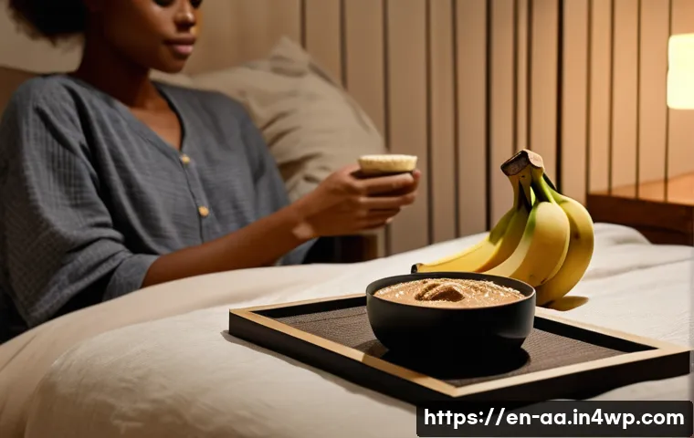 수면 개선을 위한 영양소 섭취 시기 - A cozy, softly lit bedroom scene in the early evening featuring a person sitting comfortably on a be...