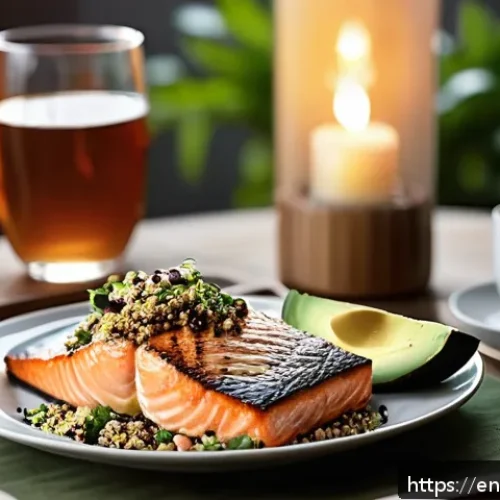 Home 32 수면 패턴과 음식의 관계 - A cozy, softly lit dining scene showing a balanced sleep-friendly dinner plate on a wooden table: gr...