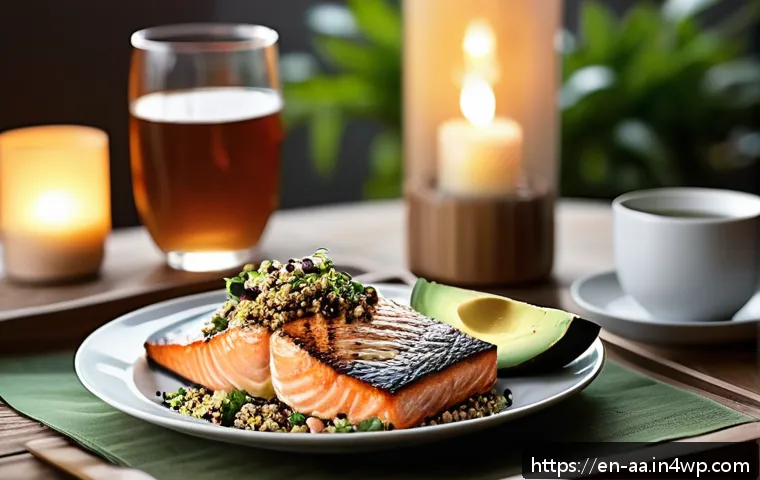 수면 패턴과 음식의 관계 - A cozy, softly lit dining scene showing a balanced sleep-friendly dinner plate on a wooden table: gr...