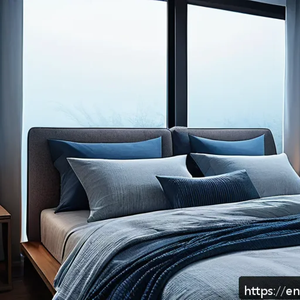 뇌 건강과 수면의 관계 - A serene bedroom scene at night showcasing a modern minimalist sleep environment: blackout curtains ...