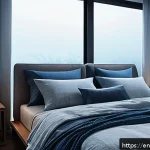 Home 19 뇌 건강과 수면의 관계 - A serene bedroom scene at night showcasing a modern minimalist sleep environment: blackout curtains ...