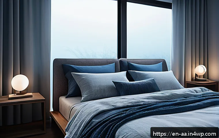 뇌 건강과 수면의 관계 - A serene bedroom scene at night showcasing a modern minimalist sleep environment: blackout curtains ...