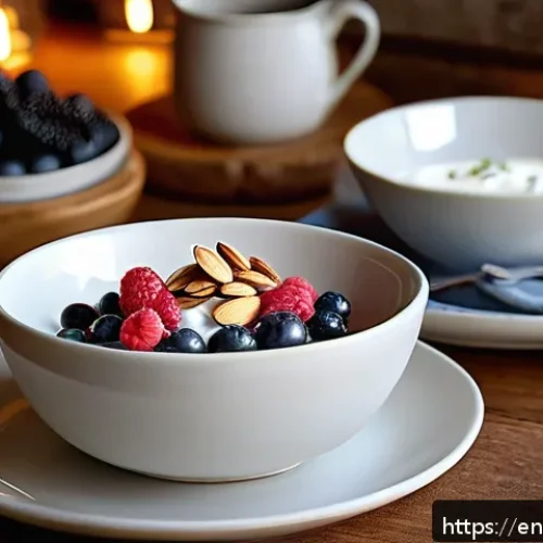Home 30 수면 개선을 위한 저녁 스낵 - A cozy evening kitchen scene featuring a small wooden table set with a sleep-friendly snack: a bowl ...