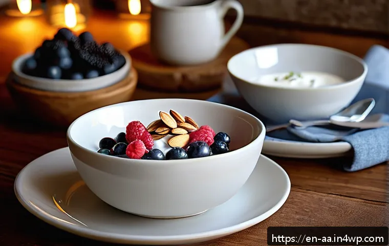 수면 개선을 위한 저녁 스낵 - A cozy evening kitchen scene featuring a small wooden table set with a sleep-friendly snack: a bowl ...