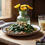 Home 23 불면증을 겪는 사람을 위한 식단 - A cozy, softly lit kitchen scene featuring a rustic wooden table set with nutrient-rich foods known ...