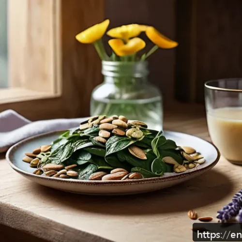 Home 17 불면증을 겪는 사람을 위한 식단 - A cozy, softly lit kitchen scene featuring a rustic wooden table set with nutrient-rich foods known ...