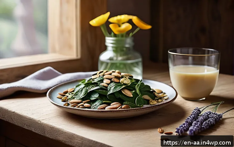 불면증을 겪는 사람을 위한 식단 - A cozy, softly lit kitchen scene featuring a rustic wooden table set with nutrient-rich foods known ...