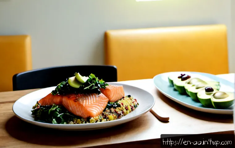 불면증 해소를 위한 식사 예시 - Photorealistic evening dinner table arranged for a sleep-supportive meal: baked salmon, quinoa, stea...