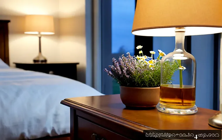 수면 개선을 위한 허브 보충제 - Photorealistic evening wellness scene in a calm American bedroom, a neatly arranged bedside table wi...