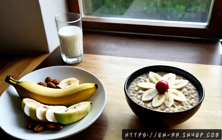불면증을 완화하는 식품 리스트 - Photorealistic overhead still life of sleep-supporting foods arranged neatly on a warm wooden kitche...